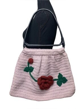 Vintage Handmade Pale Purple Crochet Bag w/ Floral Design 16”x12”